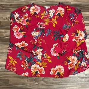 Loft Plus Long Smocked Sleeves V-Neck Hot Pink Floral Blouse Women’s Size 26